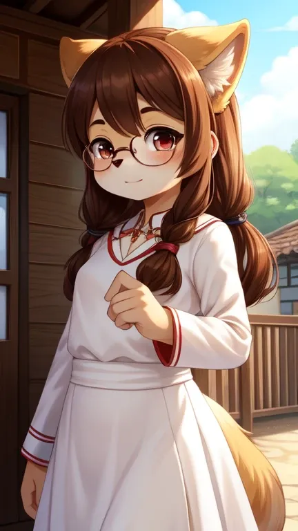 salsa_historietas, salsa_furry,very young  ，glasses，mameshiba, brown hair, twin tails, ojos amarillos, small breasts, detailed b...