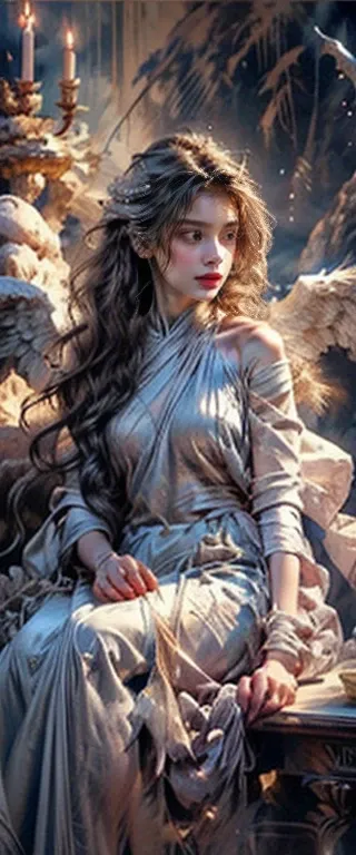 Fantasy,Mythology,etheral,statue,woman,long,flowing hair,wings,adorned with cyrstalline formations,serene pose,detailed,dress in draped cloth,otherwordly,mythical.hyper-realistic,hyper-detailed,cinematic,dramatic.