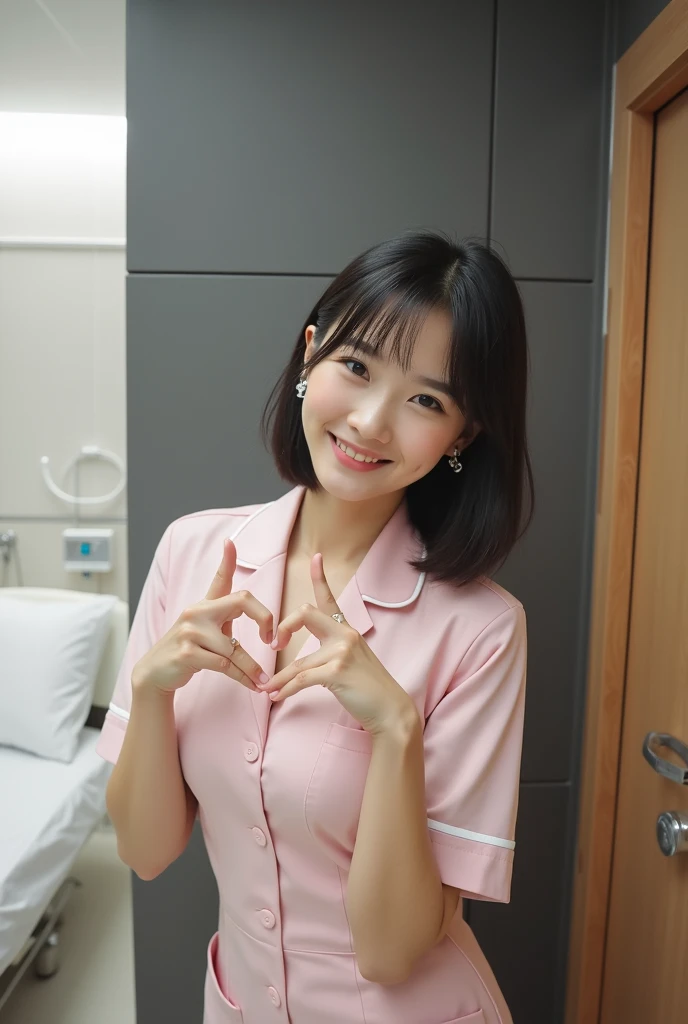 Medium shot of a smiling Japanese female nurse making heart shape with wrists touching. Her beautiful, detailed features are framed by her hair and a playful expression. She has a slim hourglass figure, narrow waist, and medium breasts. Her black hair is s...