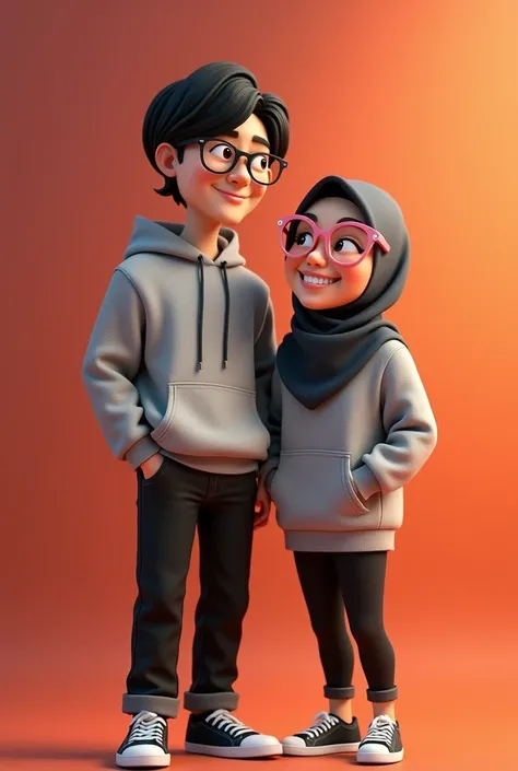 couple smiling as if they were having their photo taken, Pixar-type image, tall man with straight black hair and semi-long hair wearing black square glasses dressed in a grey sweatshirt and black pants and black tennis shoes and the short woman with hijab ...