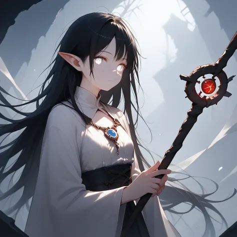 (masterpiece), source_anime, noir, fantasy, gritty, best quality, (1girl, expressive eyes, white eyes, detailed eyes, perfect face, (cracked body), long hair, black hair, messy hair, pale skin, pale skin, pointy ears)), holding a staff, simple staff, semi-...