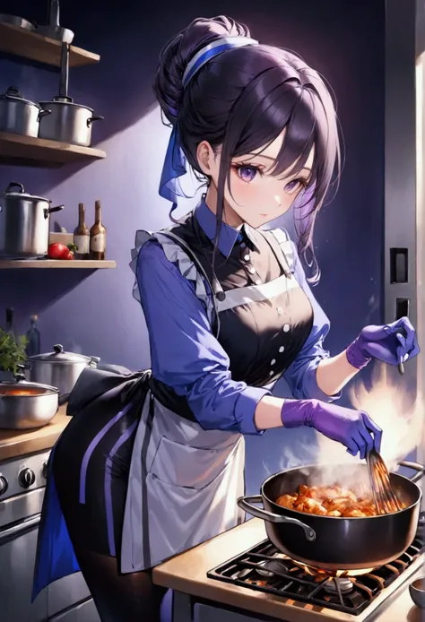 Beautiful girl wearing black leggings with white stripes, stockings, purple tight long-sleeved shirt, and blue evening gloves is cooking.