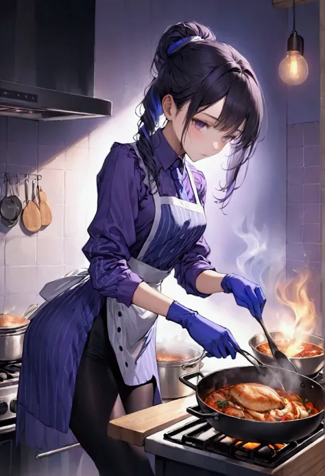 Beautiful girl wearing black leggings with white stripes, stockings, purple tight long-sleeved shirt, and blue evening gloves is cooking.