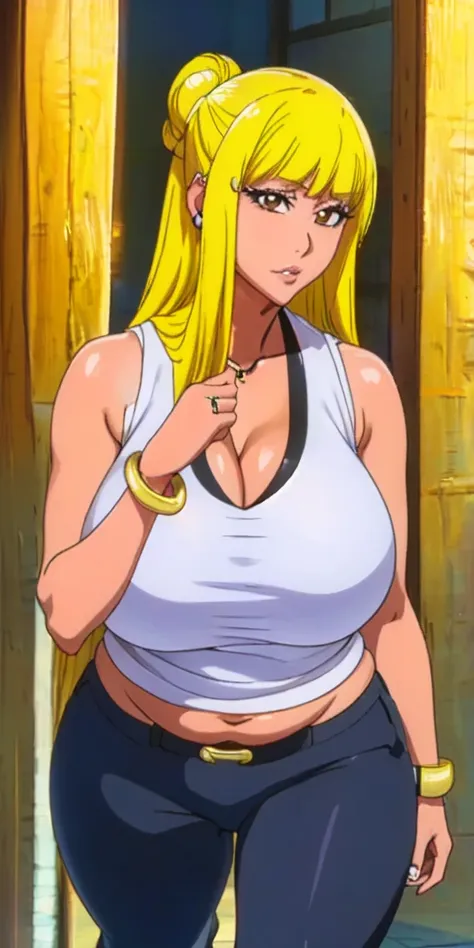 orihime inoue,bleach artstyle,big breast,enchanted big breast,tanned skin,thick lips,eyelash,big hoopa earring,gold chain neckla...