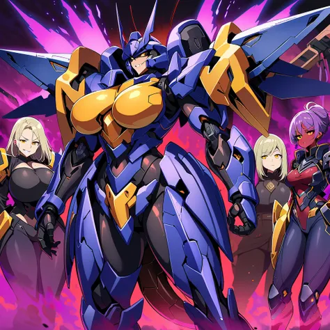 Anime, high detailed, multiple womans, mature womans, indigo mecha armor, large mechanical wings, evil grin, large clawed Gauntlet, red skin, curvy body, long mechanical tail,black sclera、Colored sclera、crimson Colored skin、Yellow Eyes, elongated pupils,  ...