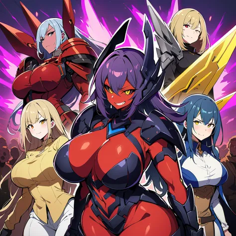 Anime, high detailed, multiple womans, mature womans, indigo mecha armor, large mechanical wings, evil grin, large clawed Gauntlet, red skin, curvy body, long mechanical tail,black sclera、Colored sclera、crimson Colored skin、Yellow Eyes, elongated pupils,  ...