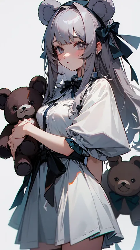 Bear ears、Has a teddy bear、Gray Hair、beautiful girl、Gal-like girl

