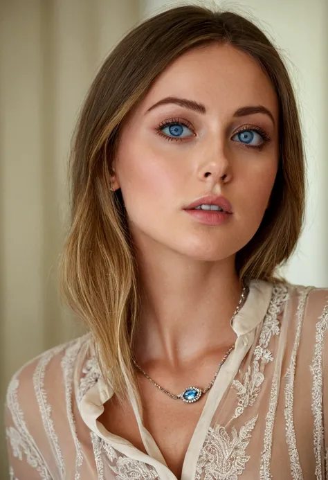 Beautiful woman with a necklace on her neck, perfect face , big blue eyes, expressfull eyes,subtle makeup, perfect face model, flawless face, extremely beautiful face,big boobs visible , big breasts hard nipples visible ,collarbone visible,perfect face, be...