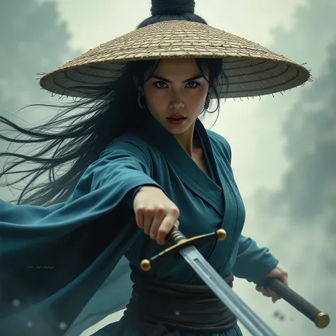 Ancient Chinese architecture，hazy，A female warrior wearing a large straw hat，Holding a sword，With a murderous look on ones face，A fluttering cape，Dynamic，mystery，bust，hazy，Watery halo，close up，Martial Arts Style，ink，Dark Tones，Movie Posters，Ultra high qual...