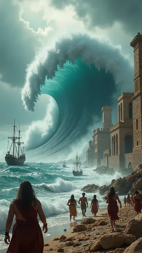 Tsunami wave hitting Crete: A medium shot capturing the moment a giant tsunami wave hits a Minoan coastal city. Buildings begin to crumble, the ships are dragged, and people run away terrified. The murky water floods everything, and the stormy sky accentua...