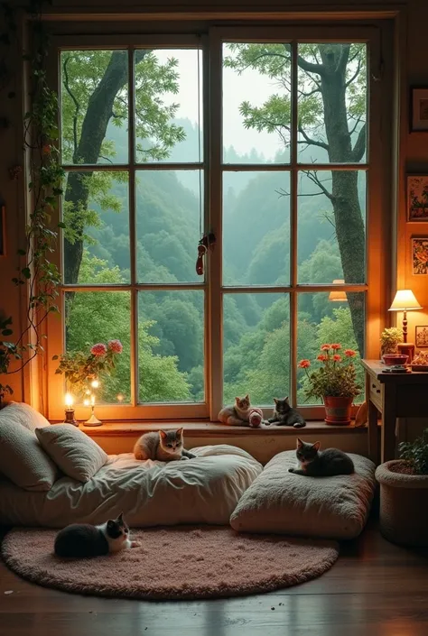 The coziest room in the world with a beautiful view of the forest. vintage. Grunge. Flashlights, flowers, paintings. Kittens are dozing on the bed.The cat is lying on the carpet.