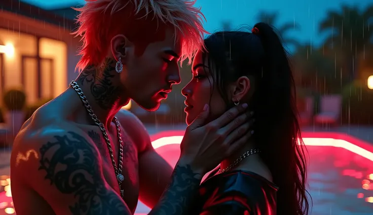 A blasian Korean pale skin male with wet curly hair dyed red and platinum blonde highlights with a neat fade, tattoos, sharp jawline with  glossy skinn,a diamond custom chain with the demon
 holding her neck, A Hispanic Asian woman styled as a hip hop ‘bad...