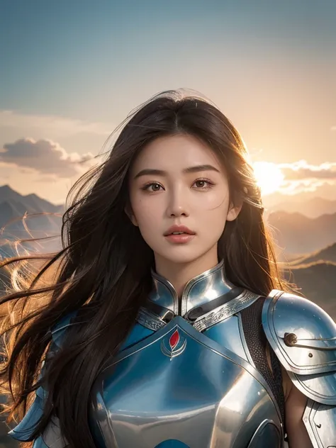 Morning breeze. A beautiful Kazakh female warrior with exquisite facial features, her brown hair blown by the wind, strands of hair scattered across her face. Her face is illuminated by the rising sun. She wears a silver armour. With a majestic mountains a...