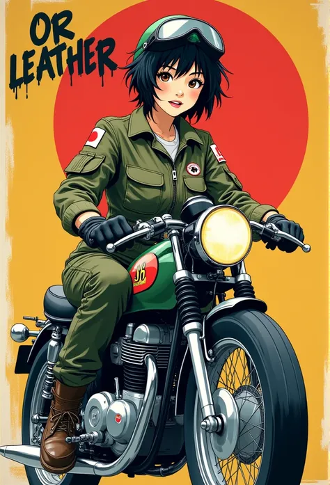 Pop Art style. A young, pretty, smiling Japanese woman with messy short black hair wears a stylish flight jacket with a Japanese flag patch on her shoulder, sturdy cargo pants, sturdy boots, a vintage helmet and gloves, and rides confidently on a vintage m...