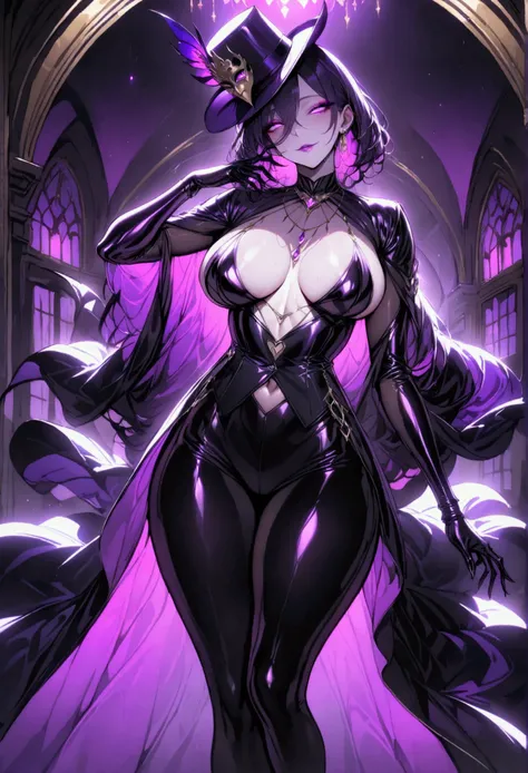 1 mature beautiful woman,(Best Quality,Extremely detailed depiction,Incredibly absurd high definition,Anatomically accurate,Curvy Legs,Shiny skin,),(The Enchanting Thief:1.3),(Sexy phantom thief costume,tuxedo,Gentleman&#39;s hat,His eyes are covered with ...