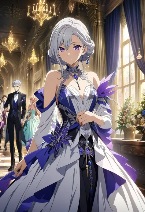 (masterpiece highest quality, highest quality, official art beautiful, beautiful:1.2) wearing fantasy formal clothing, key anime art, silver hair, purple eyes, fantasy clothes, eight teen years male, knight