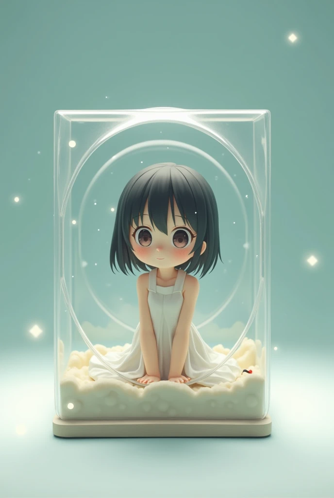 A tiny anime woman inside a box, the box with a transparent circle where you can see the tiny woman.   