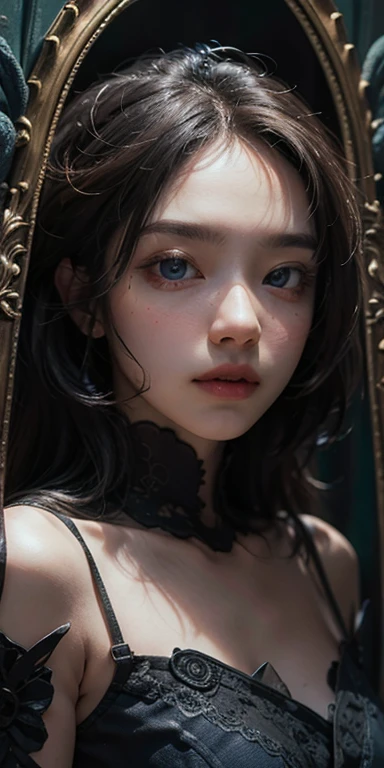 masterpiece: 1.2, Portraiture, Best Quality), Realistic, (live-action, Intricate details, Written boundary depth), Best Quality, masterpieceAttention to detail, semi-Realistic, In the city , blue eyes, blonde、 Slim figure、bare shoulders、Antique Black Bunny...