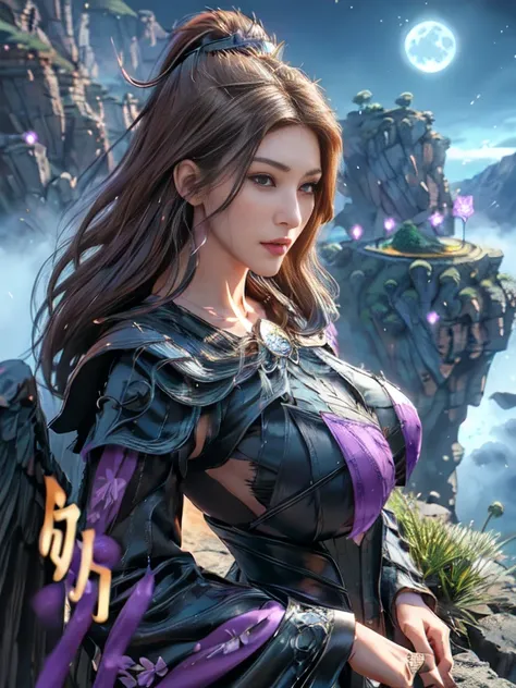 mature woman、upper body portrait、anime-style super realistic、medieval period、fantasy、magician、magicianの帽子、black-purple costume、s...