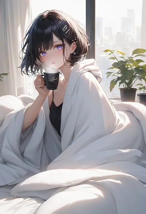 cool beauty, waking up, lazy expression, wrapped in a blanket, drinking coffee while looking out the window, white glossy silky messy wavy short hair, hair clip, perfect proportions, BREAK background in her room, BREAK delicate and dynamic textures, contra...