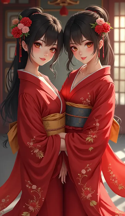 Anime Japanese sexy girls wearing a sexy red kimono