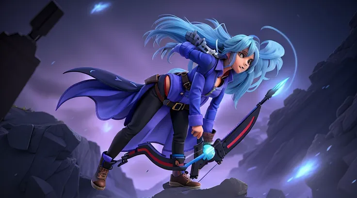 woman holding a crossbow blue hair stepping on top of a person