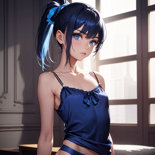 a young fem petite boy, flat chest , thin waist with blue ponytail hair and blue eyes, wearing a satin camisole and tap short panties, standing in a luxurious pose, 1girl, incredibly detailed, ultra-realistic, highly detailed, photorealistic, 8k, hyper det...