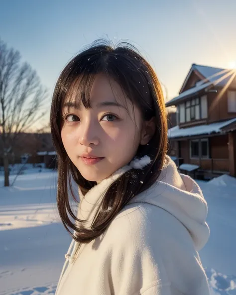 ((software: 1.4)), (software, Snow-covered birch, Old house, Sun in the background, 1 girl)), Ultra-high resolution, (Realistic: 1.4), RAW Photos, Please redeem, (photoRealistic stick), concentrated, Soft light, (()), ((Japanese)), (((Young Face))), (surfa...