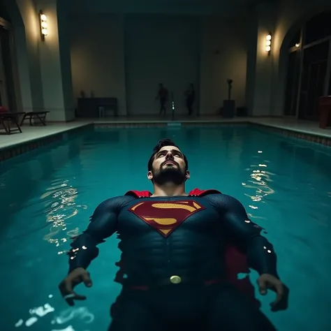 a 30 year old man with a small beard, henry cavill, in a Superman costume, floating unconscious on his back in a swimming pool, extremely detailed, cinematic lighting, realistic, photorealistic, 8k, masterpiece, dramatic, atmospheric, moody, chiaroscuro, s...