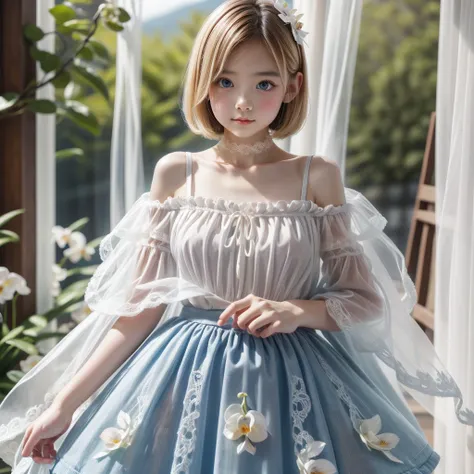 One beautiful girl。Fair skin、round face、cute、Young beautiful girl。She has a great figure and long, slender legs.。The background is a hill covered with fantastic white Phalaenopsis orchids.、A rainbow appears。Goth Off Shoulder、Off West、Dark blue fabric、Intri...