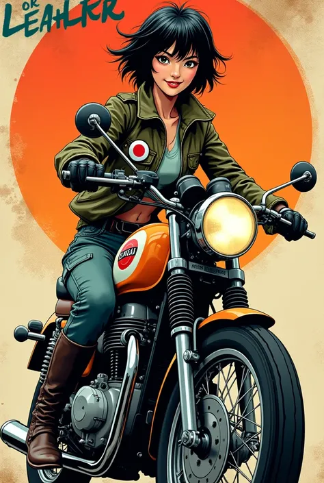 Pop Art Style。Young and cute、Smiling、A Japanese woman with short, messy black hair、A stylish flight jacket with a Japanese flag patch on the shoulder.、Durable cargo pants、Durable boots、Wearing a vintage helmet and gloves、Confident on a vintage military bik...