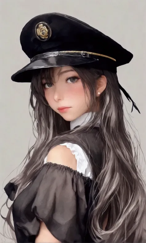 8620 (maitetsu),8620 (uniform),masterpiece, best quality, ultra-detailed, illustration,black dress,hat,looking back,:d,white background,((Eye highlights))