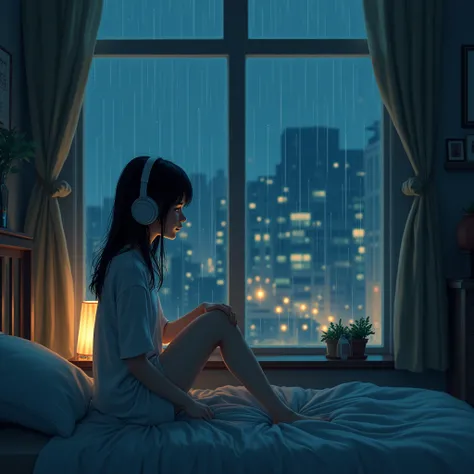 A girl listening to music with headphones next to her bedroom window while it&#39;s raining and at night 