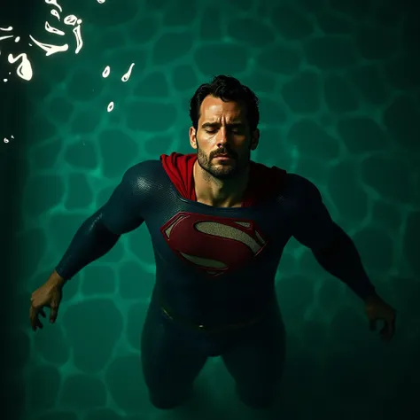 top view, a 30 year old man with a small beard, henry cavill, in a Superman costume, floating unconscious on his back in a swimming pool, extremely detailed, cinematic lighting, realistic, photorealistic, 8k, masterpiece, dramatic, atmospheric, moody, chia...