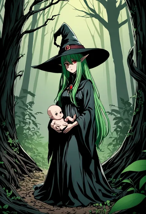 Witch with long green hair and red eyes and witch hat finding abandoned dark elf baby in dark forest, curious witch, abandoned baby.