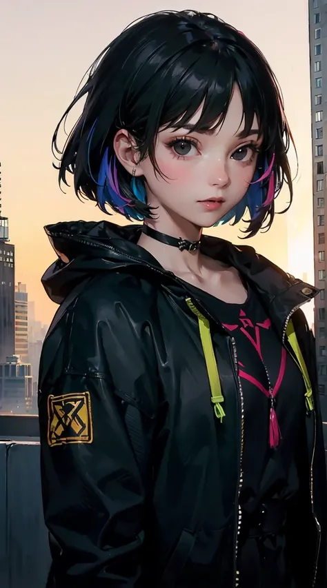 (((masterpiece))), (((best quality))), ((ultra-detailed)), ((an extremely delicate and beautiful)), (illustration), (detailed light), (8k), ((beautiful black eyes)), 1girl,gothic punk girl, solo, bandaid, black hair, white background, jacket,bangs, green e...