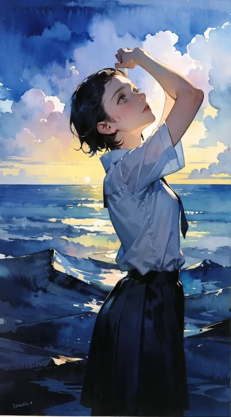 1girl,petite,black short hair,((long sideburns)),white school uniform, short sleeves,arm up, looking up, sinking,from side,cowboy shot, ((girl focus)), expressionless,watercolor effect,watercolor painting,dark,gloomy, spooky, scenery, deep sea,bubble