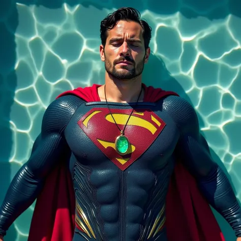 top view, Henry cavill, 30 years old, with a small beard, in a superhero costume floating on his back in a swimming pool. The costume is predominantly blue with a red cape and a large, stylized S emblem on the chest, which is red and yellow. A glowing emer...