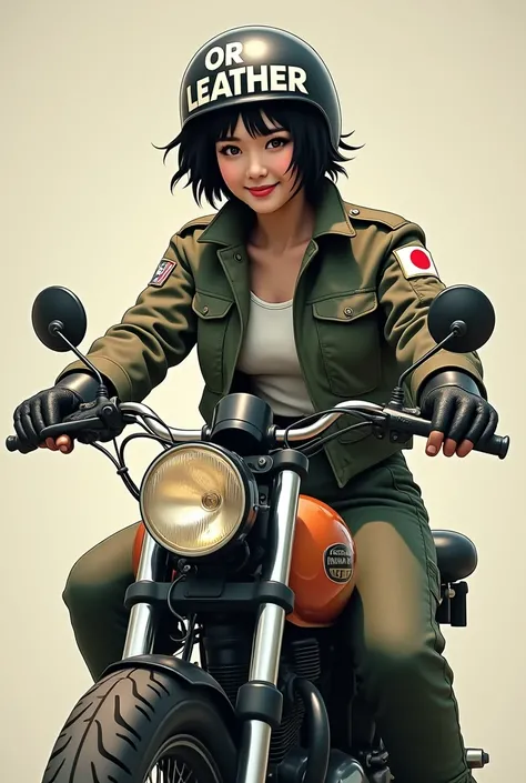  young, , Smiling Japanese woman with short, messy black hair, He is wearing a stylish flight jacket with a Japanese flag patch on the shoulder., Durable cargo pants, Durable boots, Vintage helmet and gloves, Confident on a vintage military bike in Zero fi...