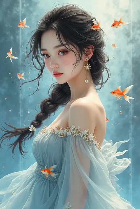 Photo, realistic, light refraction, ((acrylic with goldfish illustration embedded in desk)), llngsh AND 1920s geisha, face, brunette, kimono goldfish look like they are swimming in Chinese letter panterns that spell ni hao, deep blue and light blue gradati...