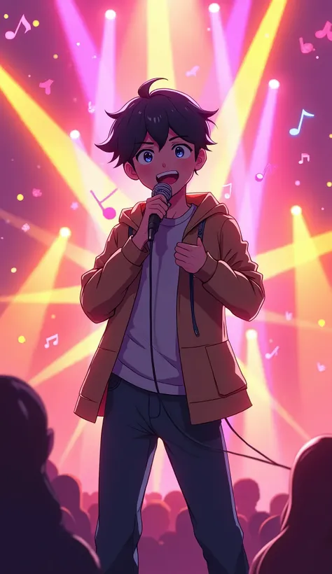 A boy character stylized as anime, with black short hair, holding a microphone. In the background, there is an explosion of vibrant colors like pink, orange and yellow, with musical notes floating in the air. The scene is lit with neon lights, Creating a f...