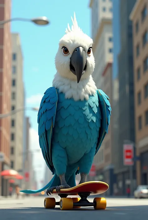 ((Parrots color is white head and blue body)),This parrot is riding a skateboard in the city, ((a portrait of an anthropomorphic parrot)),