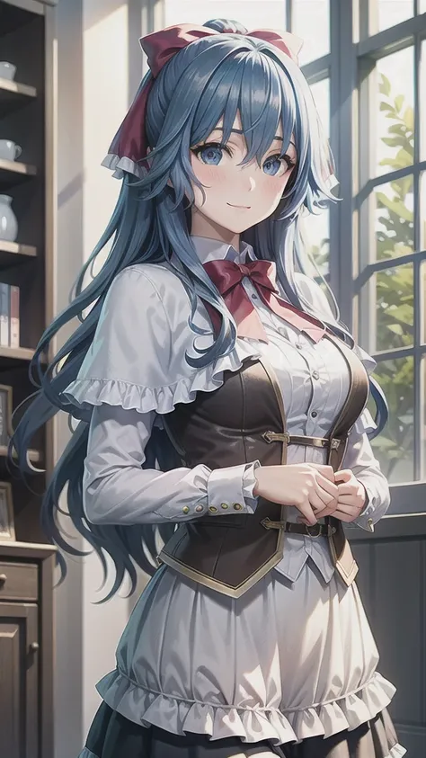 ((((masterpiece, extremely detailed, best quality)))), illustration, indoor, stylized, (liselottecretia), 1girl, blue hair, (long hair, hair between eyes, hair ribbon), blue eyes, (looking at viewer:1.2), (light smile), (blush:1.2), lower body, (white shir...