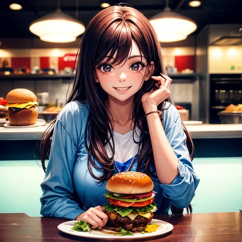 30 year old Brazilian woman eating a hamburger in a modern cafeteria decorated in blue and red tones. She is happy, Looking at the camera. Super detailed, photograph.  