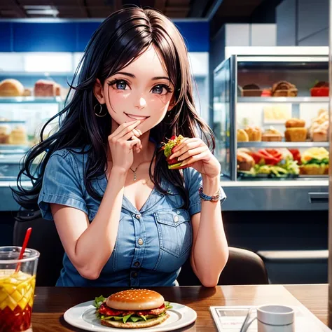 30 year old Brazilian woman eating a hamburger in a modern cafeteria decorated in blue and red tones. She is happy, Looking at the camera. Super detailed, photograph.  