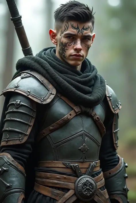 man, Half elf, gray skin, wearing full armor, tribal characteristics, short hair, Young, tatooagens, gray skin, black hair





