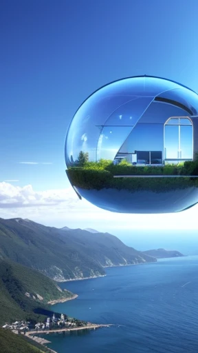 A futuristic house floating in a transparent bubble high in the sky, overlooking oceans and mountains. The house is sleek, with glass-like walls, and can float freely, changing locations at will. 
The image is１Do not split by type Image size：288×512 Please...