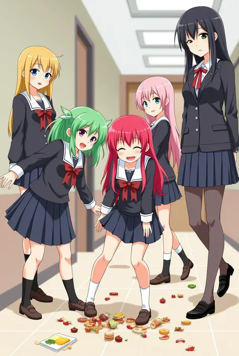 Groups of students。One person is、She has loosely curled green hair and ahoge.、With bright purple eyes、A short-haired girl wearing a black sailor uniform.。She has long, straight, bright red hair and blue eyes.、There was a tall girl wearing a black sailor un...