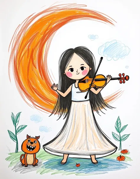 (childrens simple drawings, simple graffiti, poor painting skills, crayon drawings, fairy tales style, pure white background)，A beautiful girl dancing gracefully in a white dress，Playing the violin，Balancing on a crescent moon in a surreal and dreamy sky。T...