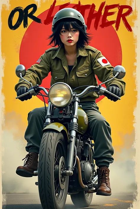  A young, pretty, smiling Japanese woman with messy short black hair, wearing a stylish flight jacket with a Japanese flag patch on her shoulder, sturdy cargo pants, sturdy boots, a vintage helmet and gloves, rides confidently on a vintage military motorcy...